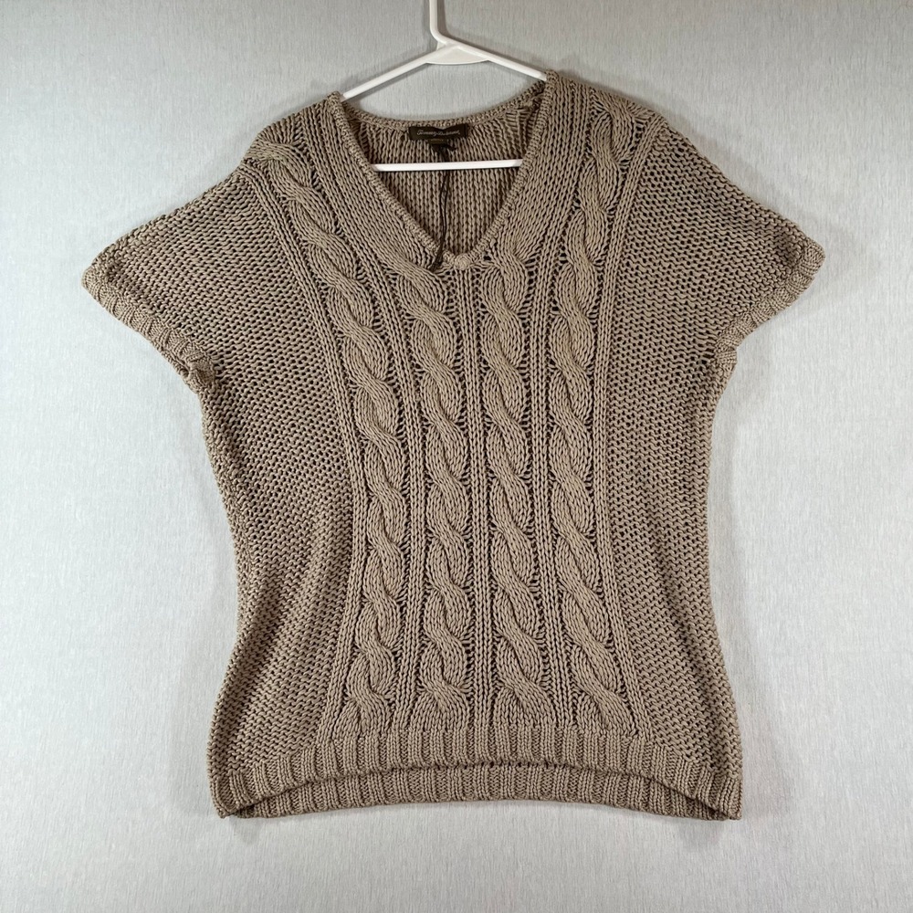 NWOT Tommy Bahama Womens Small Tan Cotton Cable Knit V-Neck S/S Sweater Breezy